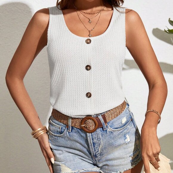 Tank Top, Waffle Knit Fake Button Tank Top, Cami Top, Summer Sexy Minimalist Top - Picture 2 of 8
